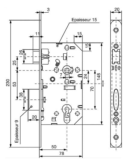 Serrure à larder carré 7 mm – Entraxe 70 mm Vachette D450 têtière noire – Image 7