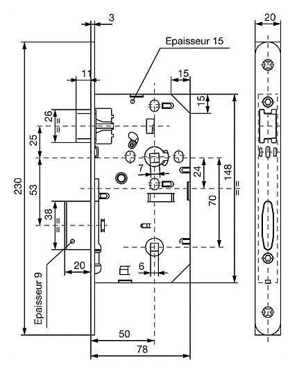 Serrure à larder carré 7 mm – Entraxe 70 mm Vachette D450 têtière noire – Image 6